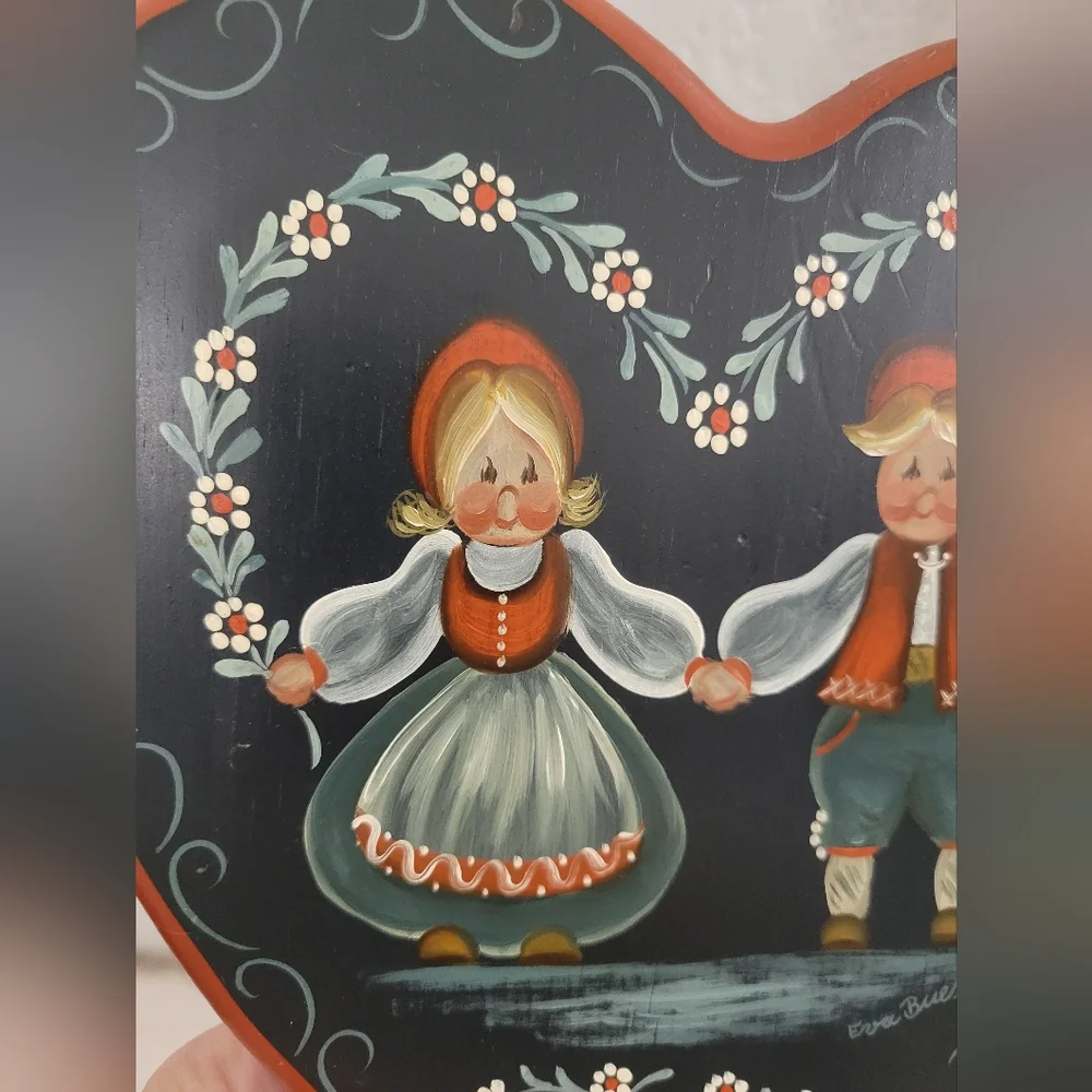 Dutch Folk Art Painted Couple Wooden Heart Plaque